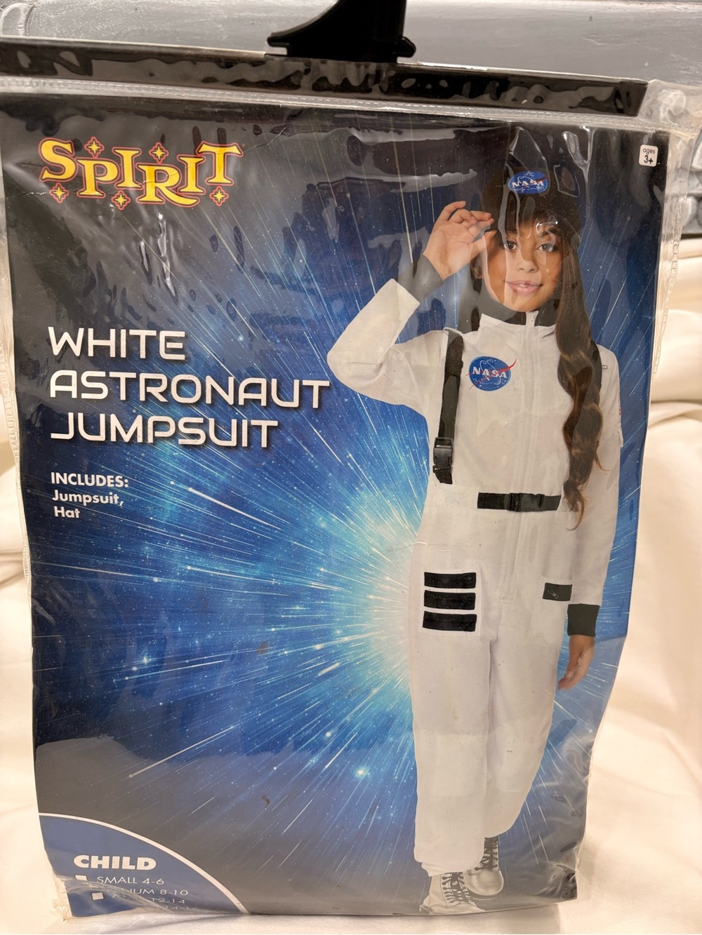 New Spirit Halloween Kids White Astronaut Jumpsuit Costume Size Medium 8-10